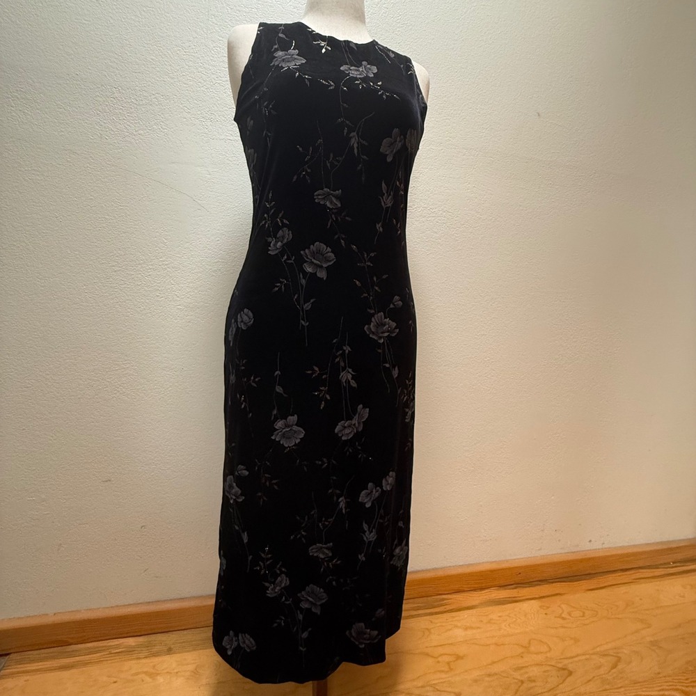 Vintage 90s Byer Studio California Romantic Goth Black Velvet Floral‎ Dress 10